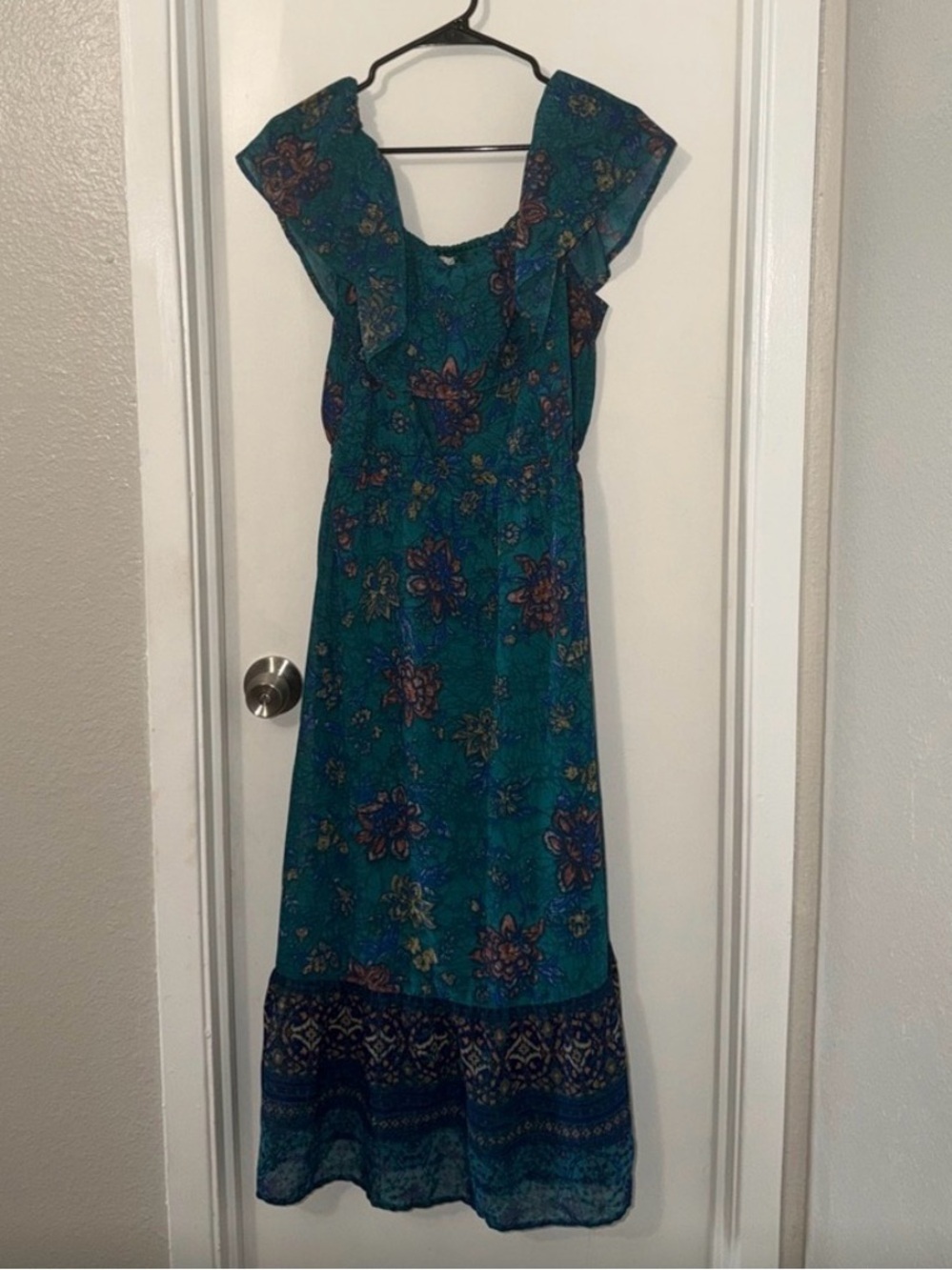 Maurices Teal Floral Maxi Dress with Purple Accents